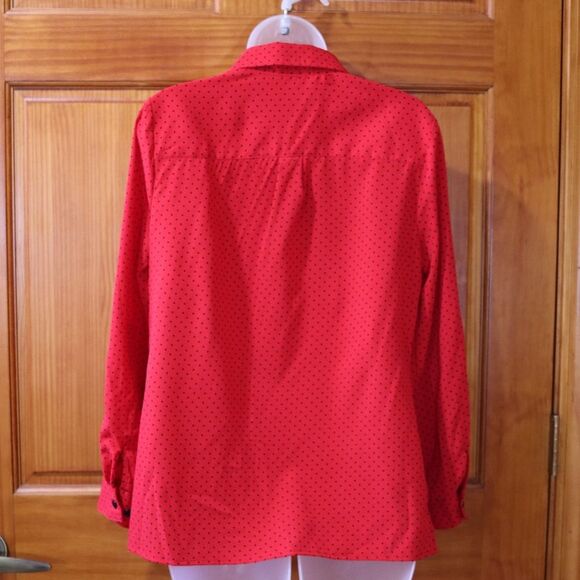 Notations Petite Red Black Polka Dot Mini Roll Tab Sleeve Button Down Blouse - Picture 11 of 15